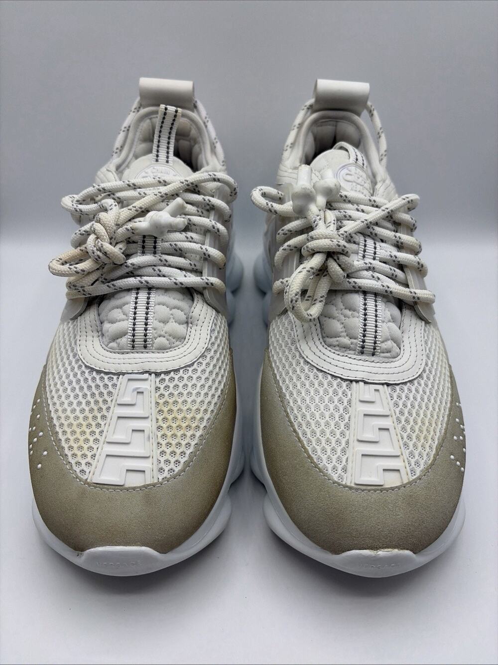 Versace Chain Reaction Men's White Gray Low Top Lace-Up Sneakers Mesh AS IS READ